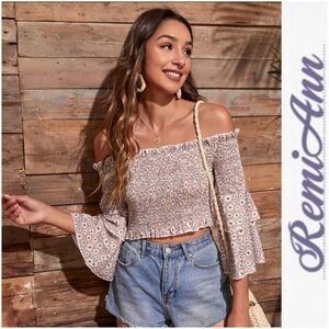Off Shoulder Ditsy Floral Shirred Detail Top